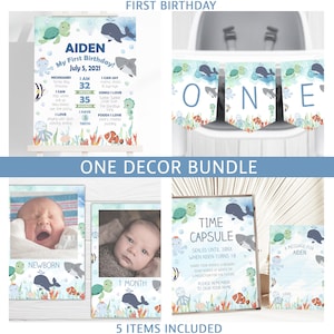 Cute Ocean One Decor Bundle, First Birthday, Milestone Poster, One Banner, Photo Banner, Time Capsule Set, Under the Sea CB1