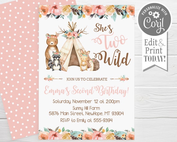 Woodland Birthday Invitation with teepee and forest animals, two wild, second birthday, boho chic, edit with Corjl, instant download Il_570xn