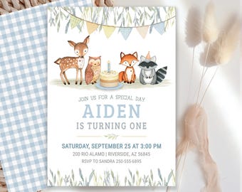 May include: A birthday invitation card featuring watercolor illustrations of a deer, owl, fox, and raccoon with a cake. Text reads: JOIN US FOR A SPECIAL DAY AIDEN IS TURNING ONE SATURDAY, SEPTEMBER 25 AT 3:00 PM 200 RIO ALAMO | RIVERSIDE, AZ 56845 RSVP TO SANDRA 250-555-6895.