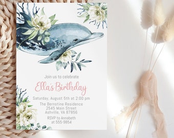 Dolphin Birthday Invitation, editable, Under the Sea invitation, dolphin with flowers, edit with Corjl, instant download #DF01