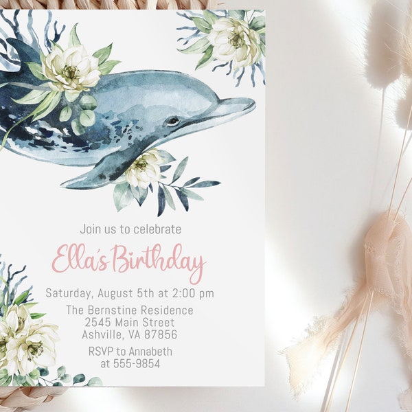 Dolphin Birthday Invitation, editable, Under the Sea invitation, dolphin with flowers, edit with Corjl, instant download