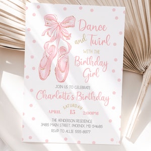 Ballet Slippers Cute Birthday Invitation, editable, ballerina birthday invitation, edit with Corjl, instant download