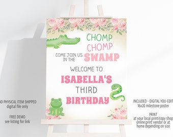 Alligator Reptilien Tiere Geburtstag Willkommen Schild Vorlage, Rosa Sumpf Thema (Digitale Datei)