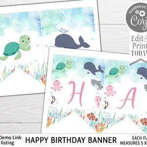 May include: A printable happy birthday banner with a watercolor ocean theme. The banner features a blue whale, sea turtles, jellyfish, and an octopus. Each flag measures 5 x 7 inches.