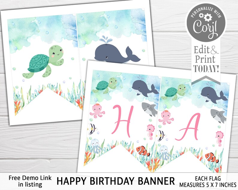 May include: A printable happy birthday banner with a watercolor ocean theme. The banner features a blue whale, sea turtles, jellyfish, and an octopus. Each flag measures 5 x 7 inches.