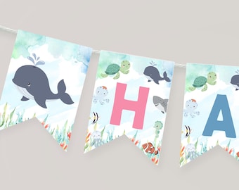 Ocean Animals Birthday Banner, Pink and Blue, Dual Party Editable (Instant Download) #011D2