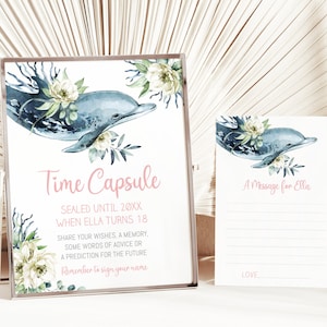 Modèle d'ensemble capsule temporelle dauphin, panneau de table et carte de message modifiables, animaux de l'océan, fleurs, téléchargement immédiat, boîte à souvenirs