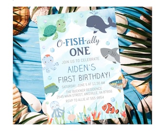 Ocean Animals 1st Birthday Invitation, Under the Sea Theme (Digital Template)