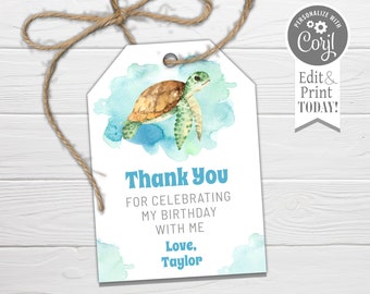Turtle Birthday Favor Tags: Editable Thank You Tag (Editable Digital Download)