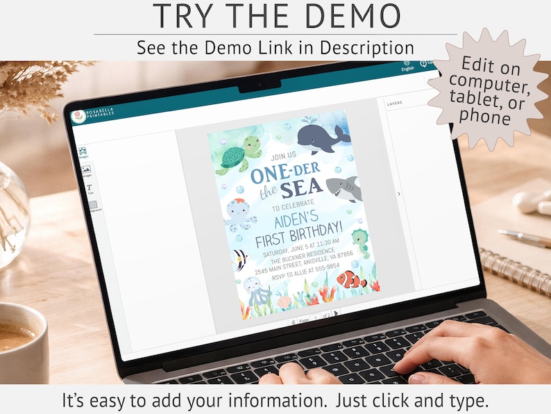 May include: A laptop displays a colorful invitation design with the text "ONE-DER the SEA" and "AIDEN'S FIRST BIRTHDAY!". The design features cartoon sea creatures like a turtle, whale, shark, and octopus. The screen also shows the text "TRY THE DEMO" and "Edit on computer, tablet, or phone."