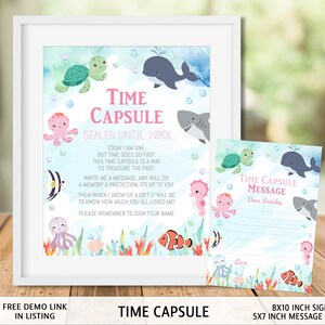 May include: A printable time capsule sign with a blue and green watercolor background featuring sea creatures like a turtle, octopus, whale, and fish. The sign says "Time Capsule Sealed Until 20XX" and includes instructions for writing a message. The sign is 8x10 inches and comes with 5x7 inch message cards.