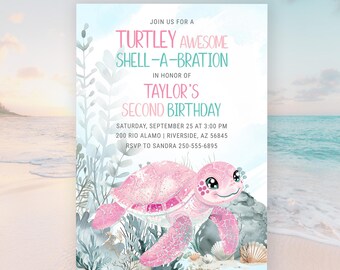 Pink Turtle Birthday Invitation Template, Under the Sea (Digital Download)