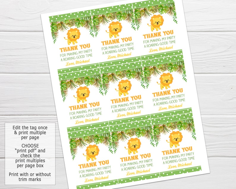 Lion Favor Tag, Editable, Birthday Hang Tag, Lion Thank You Tag, Thank ...