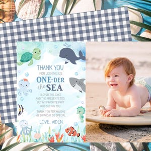 The image is a collage featuring a "Thank you for joining us" card with a baby photo, surrounded by seashells and palm fronds.