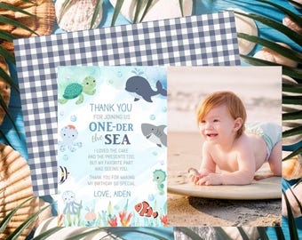 Ocean Animals Thank You Note, One-der the Sea Birthday, Photo Insert (Digital Download)