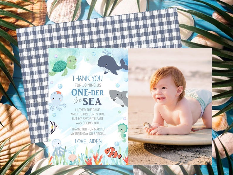 The image is a collage featuring a "Thank you for joining us" card with a baby photo, surrounded by seashells and palm fronds.