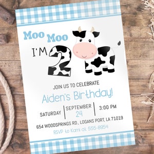 Cow Birthday Invitation reads &quot;Moo Moo I&#39;m Two&quot; editable Birthday invitation with soft blue gingham, instant download