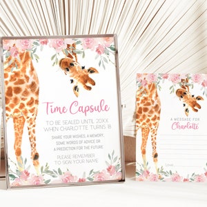 Modello set capsula del tempo giraffa, fiori rosa, cartello da tavolo modificabile e scheda messaggio, download istantaneo, scatola dei ricordi, ragazza rosa