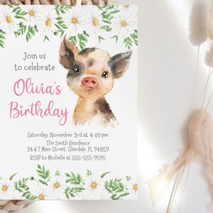 Pig Birthday Invitation Template, Editable, Piglet with Daisy Flowers invitation for girl with flowers and pink text, instant download image 4