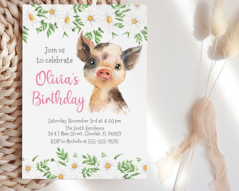 Pig Birthday Invitation Template, Editable, Piglet with Daisy Flowers invitation for girl with flowers and pink text, instant download image 4