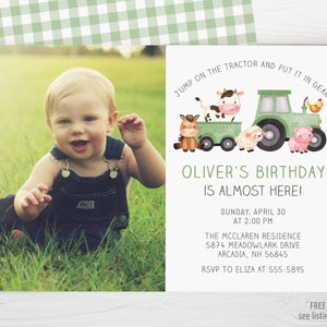 May include: A birthday invitation featuring a smiling baby in denim overalls sitting in grass. The invitation includes a watercolor illustration of a green tractor with farm animals and the text "Oliver's Birthday is Almost Here!"