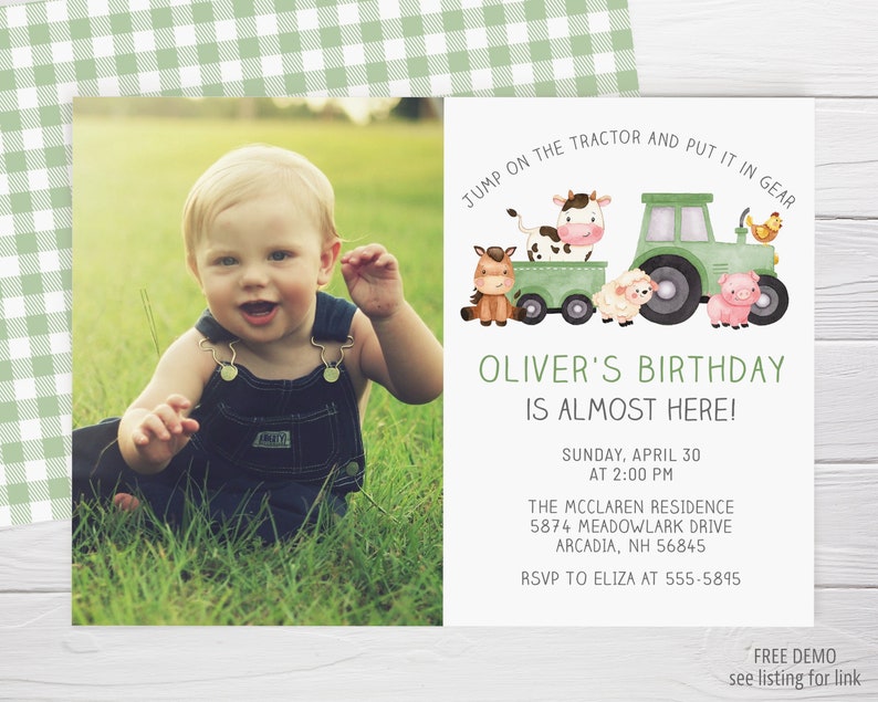 May include: A birthday invitation featuring a smiling baby in denim overalls sitting in grass. The invitation includes a watercolor illustration of a green tractor with farm animals and the text "Oliver's Birthday is Almost Here!"