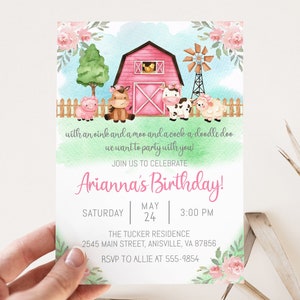 May include: A pink and green watercolor invitation with a red barn and farm animals. The text reads "Arianna's Birthday!" with the date and time of the party.
