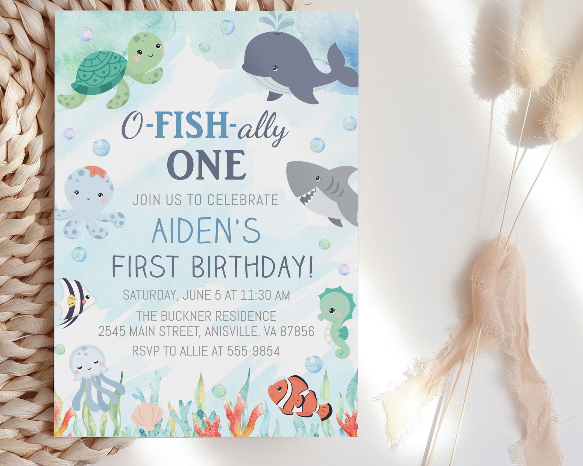 O-fish-ally One Birthday Invitation, Ocean Animals, O Fish Ally Boy, Blue,  Editable, Under the Sea Invitation, Whale, Turtle, Shark CB1 
