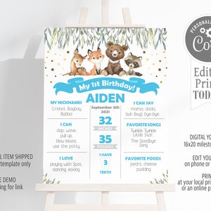 Woodland Animals Milestone Sign, 16x20, Birthday Milestone, Fish, DIY edit on Corjl, Forest Milestone Instant Download Template