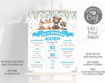 May include: A blue and white printable first birthday milestone poster featuring a woodland animal theme. The poster includes the name Aiden, the date September 5th, 2021, and details about the child's growth, including height, weight, and number of teeth. The poster also includes a list of things the child can do, favorite songs, and favorite foods.