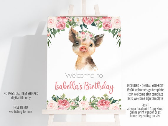Pig Flowers Welcome Sign Templates in 8x10, 11x14, an 16x20 inches Editable Pig Welcome Sign Digital File, Instant Download, Corjl Il_570xn