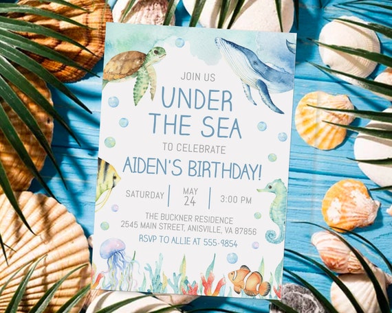 Ocean Birthday Invitation, ocean animals, boy, editable, Under the Sea invitation, turtle, whale, edit with Corjl, instant download Il_570xn