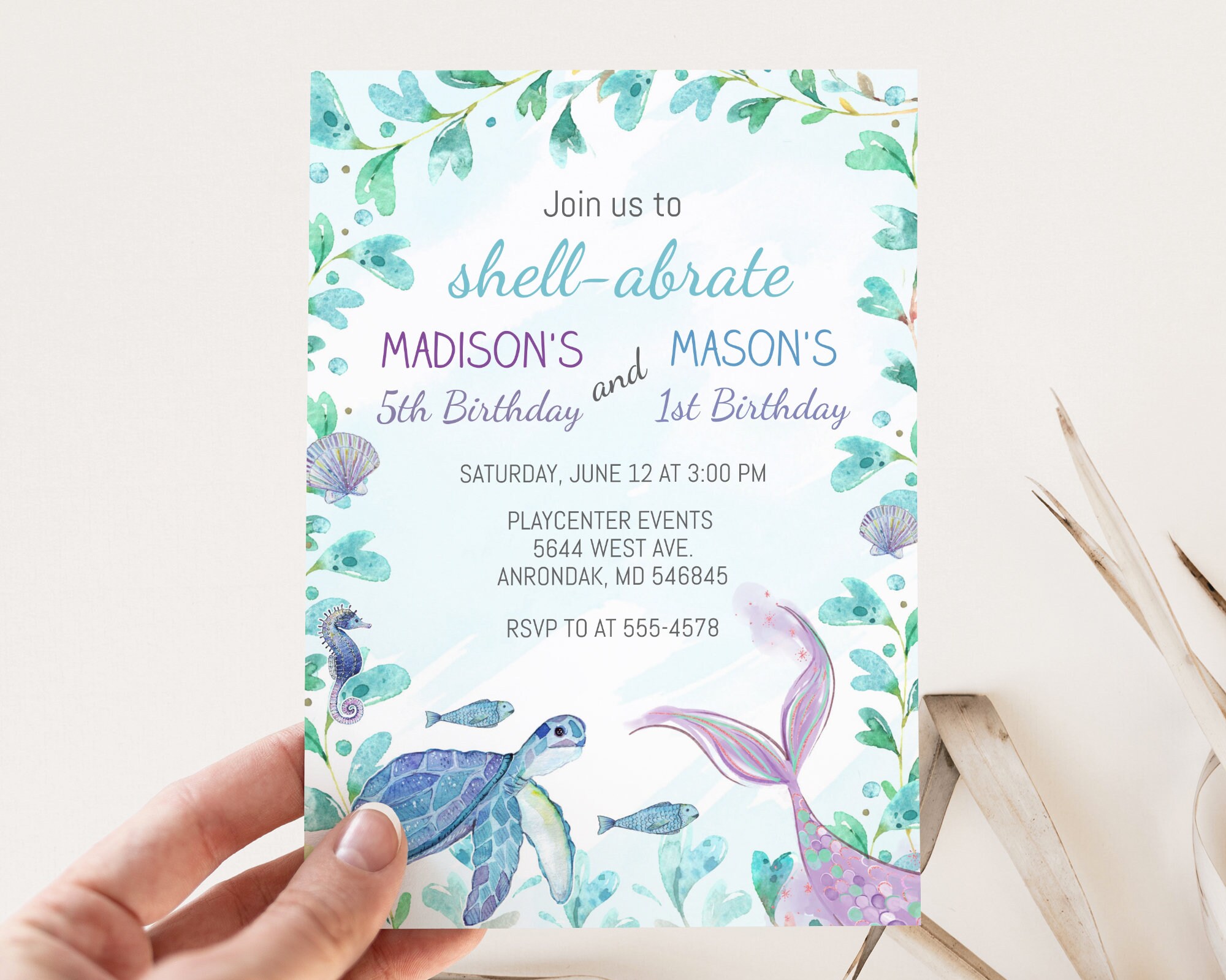Turtle Mermaid Birthday Invitation Template, Under the Sea, Editable ...