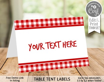 Red Gingham Farm Party Table Tent Label (Editable Instant Download You Print File)