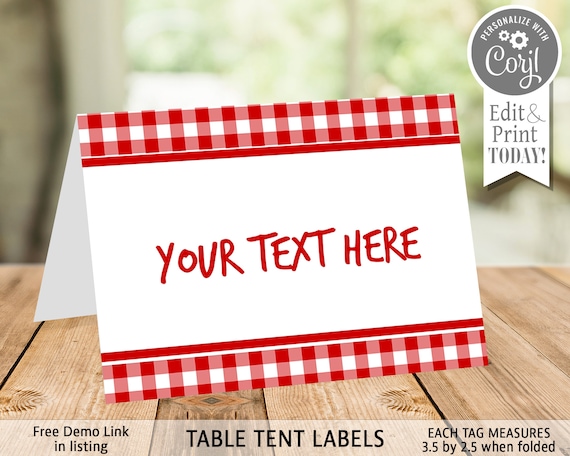 Red Table Tent Label, farm party food label, red gingham, editable table tent, farm, instant download Il_570xn