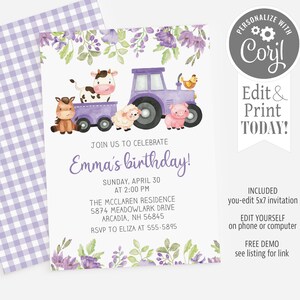 May include: Purple and green floral birthday invitation with a watercolor illustration of a purple tractor, a cow, a pig, a sheep, and a horse. The text reads "Join us to celebrate Emma's birthday! Sunday, April 30 at 2:00 PM The McClaren Residence 5874 Meadowlark Drive Arcadia, NH 56845 RSVP to Eliza at 555-5895".