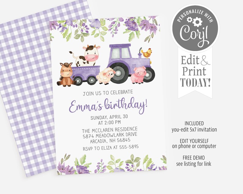 May include: Purple and green floral birthday invitation with a watercolor illustration of a purple tractor, a cow, a pig, a sheep, and a horse. The text reads "Join us to celebrate Emma's birthday! Sunday, April 30 at 2:00 PM The McClaren Residence 5874 Meadowlark Drive Arcadia, NH 56845 RSVP to Eliza at 555-5895".