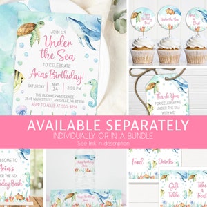 May include: Watercolor-style party supplies with an "Under the Sea" theme. Includes invitations, cupcake toppers, gift tags, water bottle labels, and signs. The invitation reads "Join us to celebrate Aria's Birthday!" with sea creatures.
