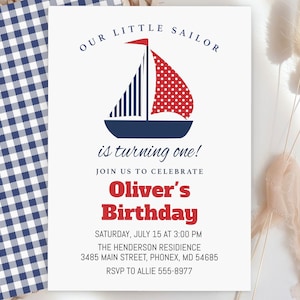 Sailboat Birthday Invitation, editable, Our Little Sailor, Turning one, invitation, nautical birthday, edit with Corjl, instant download