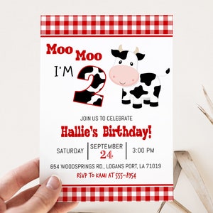 Cow Birthday Invitation: "Moo Moo I'm Two" Turning 2 Red Gingham (Digital Download) D208 image 4