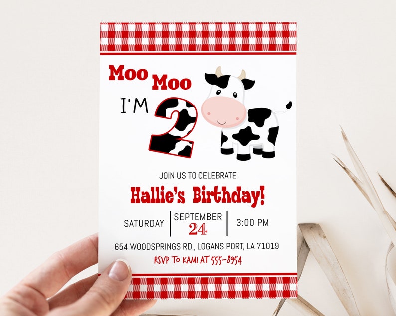 Cow Birthday Invitation: "Moo Moo I'm Two" Turning 2 Red Gingham (Digital Download) D208 image 4