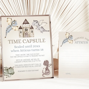 Dragon Time Capsule Set Vorlage, bearbeitbares Tischschild und Nachrichtenkarte, Instant Download, Memory Box mit niedlichen Drachen