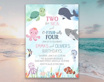 Ocean Double Birthday Invitation: Sibling Joint Two Child Boy Girl Party (Editable Template) #011D1