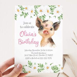 Pig Birthday Invitation Template, Editable, Piglet with Daisy Flowers invitation for girl with flowers and pink text, instant download image 5