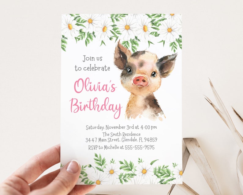 Pig Birthday Invitation Template, Editable, Piglet with Daisy Flowers invitation for girl with flowers and pink text, instant download image 5