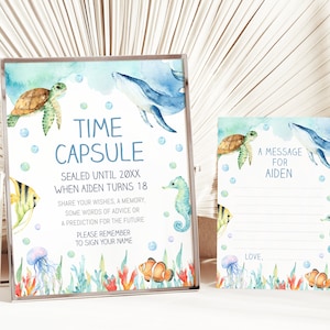 Plantilla de cápsula del tiempo oceánico, letrero de mesa y tarjeta con mensaje editables, descarga instantánea, caja de recuerdos D201