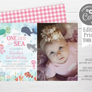 Oneder the Sea Birthday Photo Invitation, ocean animals, girl, pink, editable, First Birthday, edit with Corjl, instant download - CG1
