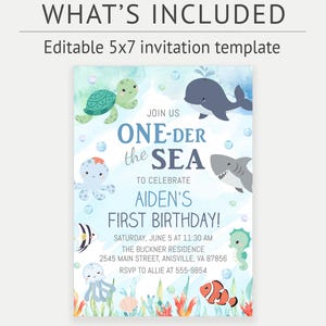 May include: A 5x7 inch invitation template with an underwater theme. The design features cartoon sea creatures like a turtle, whale, shark, and seahorse. The text reads "ONE-DER the SEA" and announces a first birthday celebration.