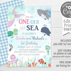 May include: A colorful invitation with an underwater theme, featuring a mermaid tail, shark, whale, and other sea creatures. The text reads "ONE-DER the SEA" and announces a first birthday party with date, time, and location details. Includes "Edit & Print TODAY!"