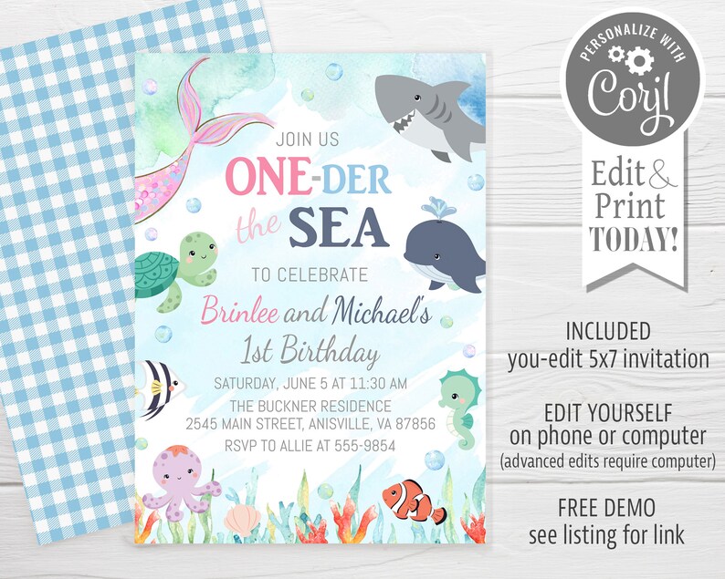 May include: A colorful invitation with an underwater theme, featuring a mermaid tail, shark, whale, and other sea creatures. The text reads "ONE-DER the SEA" and announces a first birthday party with date, time, and location details. Includes "Edit & Print TODAY!"